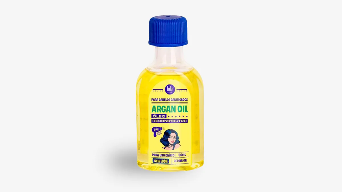 Argan Óleo Reparador Lola Reconstrutor frasco 50ml com óleo amarelo para cabelos danificados em fundo branco