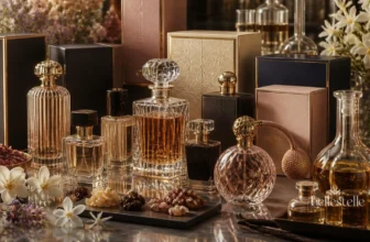 Coleção de frascos de perfume de diferentes formatos com caixas de embalagem flores rosas jasmim e ingredientes naturais como resinas e especiarias sobre bancada