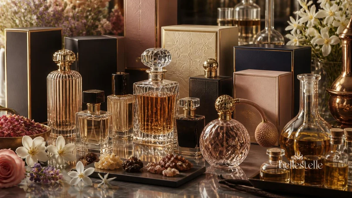 Coleção de frascos de perfume de diferentes formatos com caixas de embalagem flores rosas jasmim e ingredientes naturais como resinas e especiarias sobre bancada