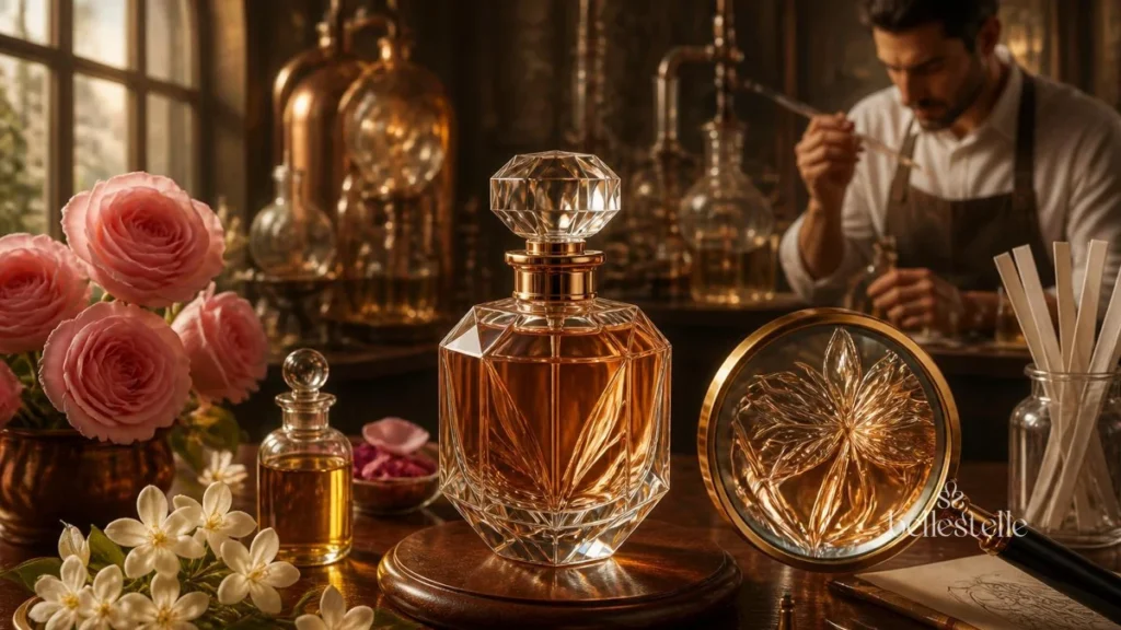 Frasco de perfume de cristal lapidado sobre bancada de atelie de perfumaria com rosas rosas jasmim e perfumista trabalhando ao fundo