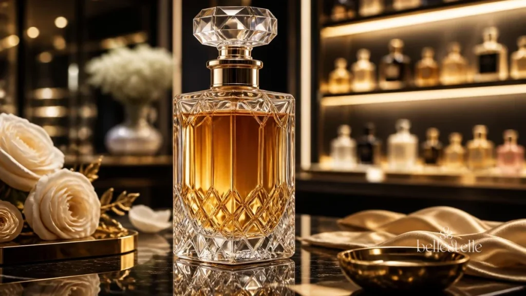 Frasco de perfume dourado com tampa de cristal lapidado sobre balcao de marmore negro em boutique de perfumes de luxo com prateleiras iluminadas ao fundo