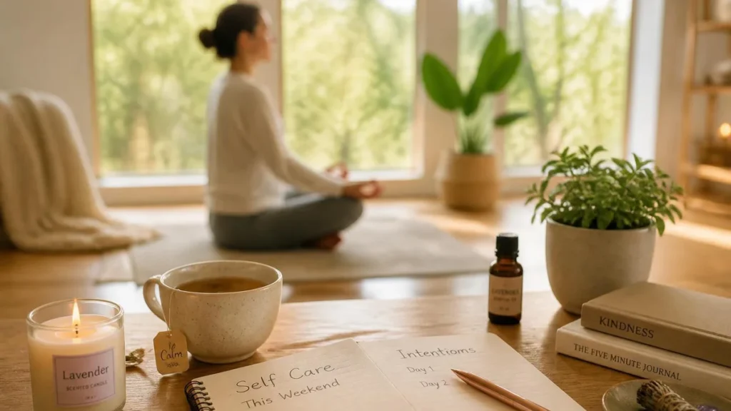 Mulher praticando meditação com vela aromática, chá e diário de autocuidado em rotina relaxante de fim de semana