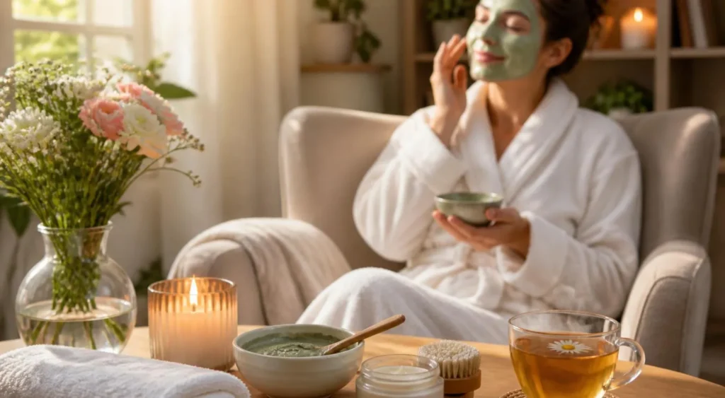 Mulher aplicando máscara facial de skincare em rotina de autocuidado relaxante no spa em casa