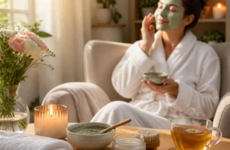 Mulher aplicando máscara facial de skincare em rotina de autocuidado relaxante no spa em casa