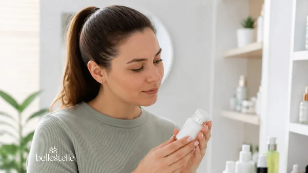 Mulher analisando a embalagem de um cosmético antes da compra com foco em como saber se um cosmético é confiável no blog Belle Stelle