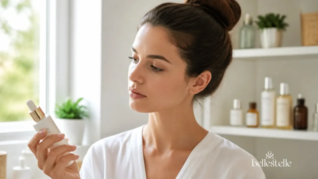 Mulher observando um sérum facial antes do uso com foco em como saber se um cosmético é confiável no blog Belle Stelle