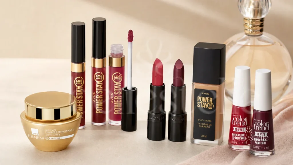 Seleção de produtos Avon mais procurados, com batons, base líquida, esmaltes, creme facial e perfume, para a postagem sobre beleza Avon no blog Belle Stelle